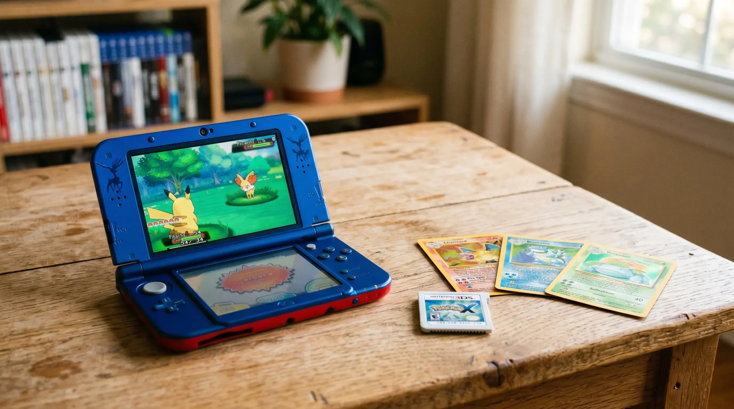 Photographie d'une Nintendo 3DS édition Pokemon X et Y ouverte sur une table en bois, accompagnée d'une cartouche de jeu et de cartes Pokemon vintage