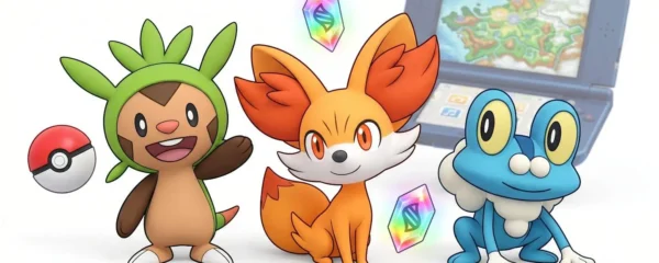 Illustration 3D des trois Pokemon starters de Pokemon X et Y (Marisson, Feunnec, Grenousse) entourés d'une Poké Ball et de cristaux de Mega-Evolution, avec une Nintendo 3DS en arrière-plan