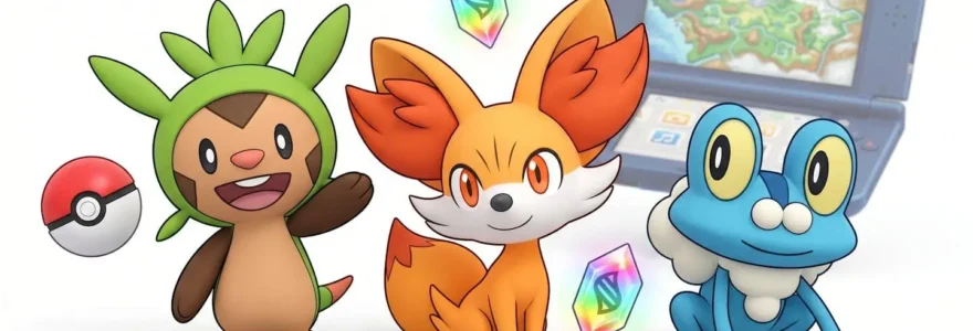 Illustration 3D des trois Pokemon starters de Pokemon X et Y (Marisson, Feunnec, Grenousse) entourés d'une Poké Ball et de cristaux de Mega-Evolution, avec une Nintendo 3DS en arrière-plan