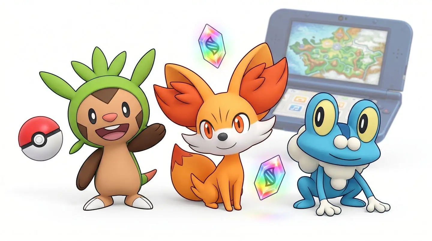 Illustration 3D des trois Pokemon starters de Pokemon X et Y (Marisson, Feunnec, Grenousse) entourés d'une Poké Ball et de cristaux de Mega-Evolution, avec une Nintendo 3DS en arrière-plan